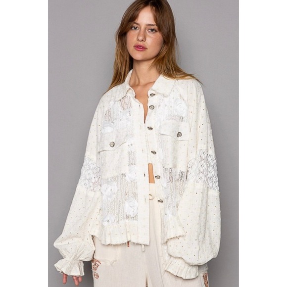 POL Tops - Eyelet Lace Rose Flower Pearl Button Down Ballon Sleeve Feminine Cottagecore Top